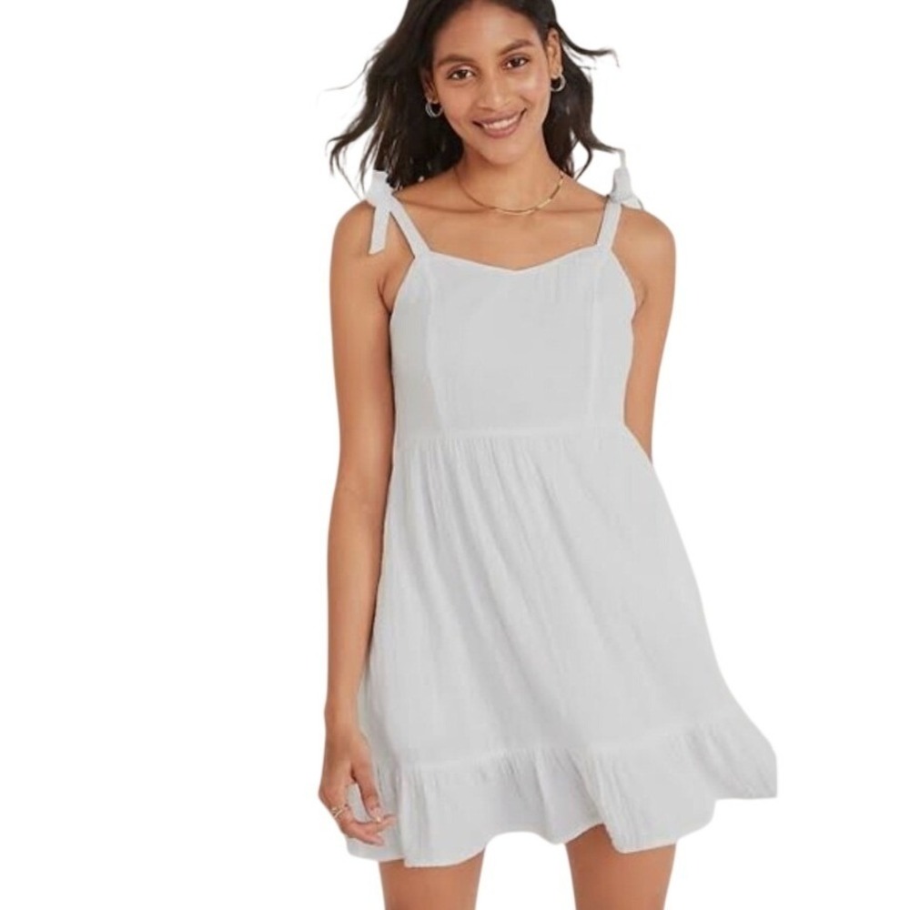 Old Navy White Cotton Gauze Tie Shoulder Smocked Mini Dress Womens Large NWOT